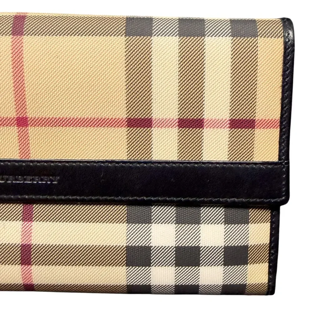 Authentic Burberry Nova Check Continental Long Wallet Black Leather Trim Luxury